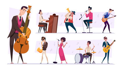 Wall Mural - Jazz band. Cartoon musicians characters playing on guitar sax and piano performance persons exact vector set