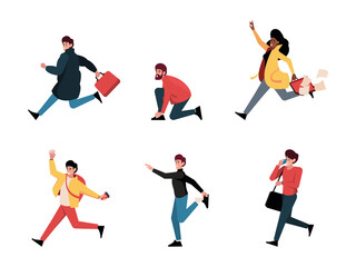 Canvas Print - Late people. Business characters running person rush to office speed lifestyle stressed hurrying stressed people garish vector flat illustrations