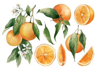 Set of watercolor illustrations of oranges. Hand painted tree branch ripe orange with green leaves on white background for your design.