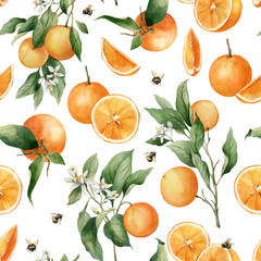 Watercolor seamless pattern with branches ripe oranges and bee. Hand painted citrus ornament for wrapping paper, print, or fabric. Hand painted plants isolated on white background.