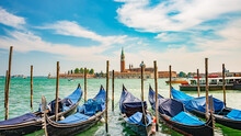 Beautiful Church Of San Giorgio Maggiore And Gondolas, Venice, Italy, Summer.