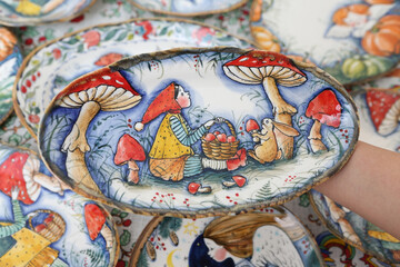 Wall Mural - Gzhel, russian ware. Porcelain. Table setting, traditonal national russian folk handicraft: gzhel. Gzhel plate, ware with gzhel painting by Stirada. Russian craft ware. Russian traditonal national art