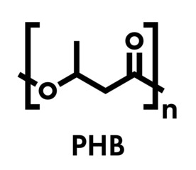 Sticker - Polyhydroxybutyrate (PHB) biodegradable plastic, chemical structure. Polymer that is both bio-derived and compostable. Skeletal formula.