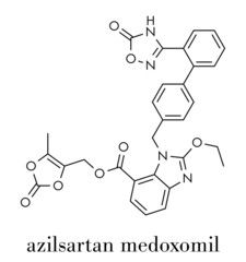 Sticker - Azilsartan medoxomil hypertension drug molecule. Skeletal formula.