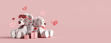 Teddy Bear Couple With Gifts And Hearts On Pink Background 3D Rendering, 3D Illustration