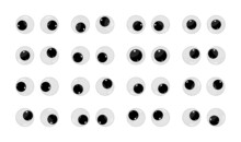 Googly Eyes. Wobbly Plastic Eyes For Toy. Puppet Eyeballs. Cartoon Glossy Round Eyes Isolated On White Background. Look Down, Up, Left, Right, Crazy, Silly, Fun Icons. Vector