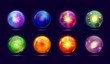 Magic mysterious orbs. Fantasy glowing balls energy sphere, round glass crystal magician, effect lightning in globe occult witchcraft fortuneteller, transparent tidy vector