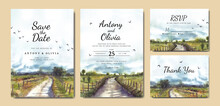 Wedding Invitation Set Of Nature Landscape With Road And Fence Watercolor