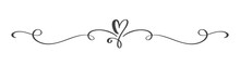 Vintage Flourish Vector Divider Valentines Day Hand Drawn Black Calligraphic Heart. Calligraphy Holiday Illustration. Design Valentine Element. Icon Love Decor For Web, Wedding