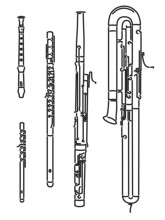 Set Of Simple Images Different Types Of Woodwind Instrument (bassoon, Flute, Bass Bassoon, Block Flute, Piccolo) Drawn By Lines.