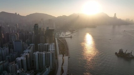 Canvas Print - 4K footage - Hong Kong city in sunset view from aerial angle