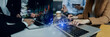 © SOMKID - Business person hands working on modern business global network connection interface icons, Business economic financial and technology digital marketing concept.