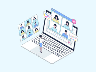 Wall Mural - online meeting isometric illustration lineal color. suitable for mobile app, website, banner, diagra