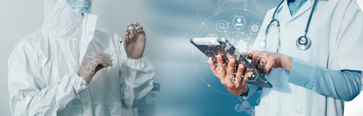 Medicine doctor using digital healthcare and network connection on hologram modern virtual screen interface icons, Medical technology futuristic concept.