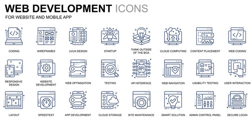 Leinwandbilder - Simple Set Web Disign and Development Line Icons for Website and Mobile Apps. Contains such Icons as Coding, App Development, Usability. Conceptual color line icon. Vector pictogram pack.