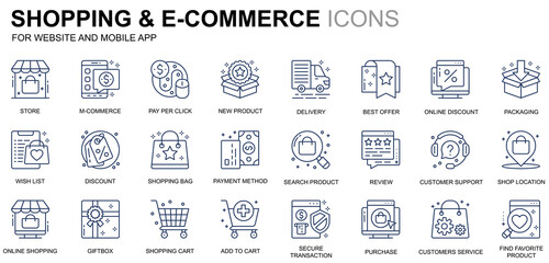 Poster - Simple Set Shopping and E-Commerce Line Icons for Website and Mobile Apps. Contains such Icons as Delivery, Payment Method, Store, Commerce. Conceptual color line icon. Vector pictogram pack.