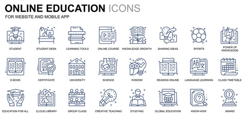 Poster - Simple Set Education and Knowledge Line Icons for Website and Mobile Apps. Contains such Icons as Online Course, University, Studying, Book. Conceptual color line icon. Vector pictogram pack.