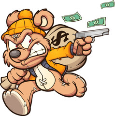 Wall Mural - Teddy bear stealing a big bag of money. Vector illustration with simple gradients. All on a single layer.