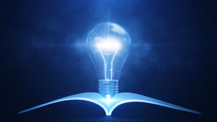 Fototapete - Knowledge gained from reading books or textbooks can help create new innovative ideas. There was a book under the glowing light bulb. against a dark blue background.