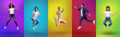 © Prostock-studio - Expressing happy emotions. Full length of active carefree diverse millennials jumping on color neon backgrounds
