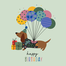  Birthday Card With Funny Dachshund And Gifts