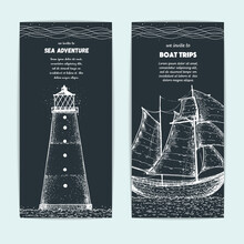 Hand Drawn Nautical Banner Set. Sketch Illustration. Sailboat And Lighthouse Sketch Illustration. Sea Set.