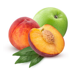 Wall Mural - Ripe peach fruit one cut in half with bone and green leaf and green apple