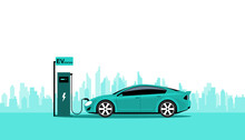 Green Energy Technology Concept. Electric Car Charge  Battery In Charging Station. Vector Illustration Design.