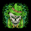 St. Patrick's day with skull image wearing a green jacket and hat with clover leaves