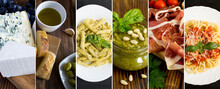 Collage Of Italian Food. Cheese, Pasta With Tomato And Pesto Sauce, Green Olive, Jamon, Pesto Sauce. Close-up.
