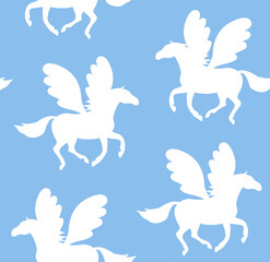 Sticker - Vector seamless pattern of flat pegasus silhouette isolated on blue background