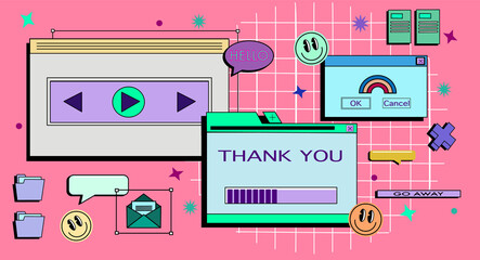 Retro vaporwave desktop with message boxes and user interface elements.web banner template in retro  90s style. Vector illustration of UI and UX. Simple illustration 90s inspired background template