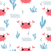 Funny Cartoon Crabs Seamless Pattern. Baby Cute Background With Marine Life. Repeat Vector Pattern In Scandinavian Style. Hand Drawn Crabs.