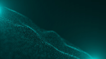 Wall Mural - futuristic grid wave of blue halftone digital dots data smooth seamless animation on dark with dim l