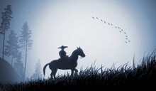 Silhouette Of A Cowboy And Horse At Jungle Morning View