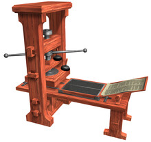 Johannes Gutenberg's Printing Press. 3D Rendering Illustration Of A Printing Press Invented And Manufactured By The German Goldsmith And Inventor Johannes Gutenberg.