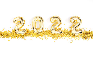 Wall Mural - Happy New Year 2022. Foil gold balloons in form of numbers 2022. New year celebration. Gold Air Balloons on white background. Flat lay, top view, copy space