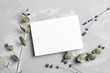 canvas print picture - Greeting or wedding invitation card mockup with dry lavender and eucalyptus flowers