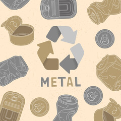 Wall Mural - Waste recycling. Banner with metal and tin cans. Eco-friendly environment. Doodle vector illustration.