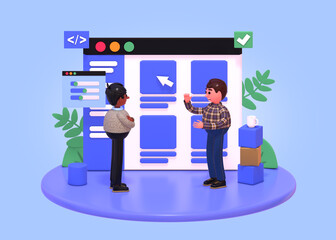 3d render of scene with people standing near big web page. Web app development, coding concept
