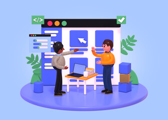 3d render of scene with people standing near big web page. Web app development, coding concept
