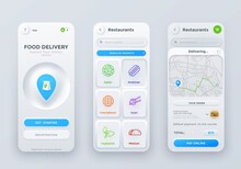 Neumorphic Food Order And Delivery Application Interface. Vector Ui, Ux Or Gui Of Mobile App Touch Screen Of Fast Food Restaurant Or Cafe Online Order Service, Registration, Search, Menu Page