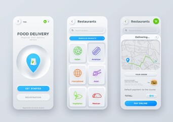 Neumorphic food order and delivery application interface. Vector ui, ux or gui of mobile app touch screen of fast food restaurant or cafe online order service, registration, search, menu page
