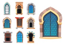 Cartoon Interior Windows Of Castle, Temple And Fortress. Vector Palace Exterior European, Asian And Arabic Window Casement. Architecture Medieval Or Antique Facade Interior Element