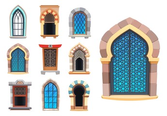 Wall Mural - Cartoon interior windows of castle, temple and fortress. Vector palace exterior european, asian and arabic window casement. Architecture medieval or antique facade interior element