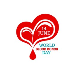 Wall Mural - World blood donor day icon, red heart and blood drop vector emblem for donation solidarity. Fourteen june medicine holiday celebration. Hematology transfusion, medical healthcare design element, sign