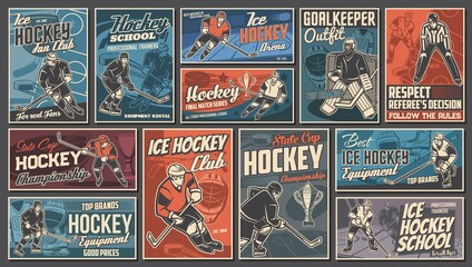 Wall Mural - Hockey players. Ice hockey sport vintage posters and banners. Championship game, sport club or team and hokey outfit shop vector retro banners with player shooting puck, goalkeeper and referee
