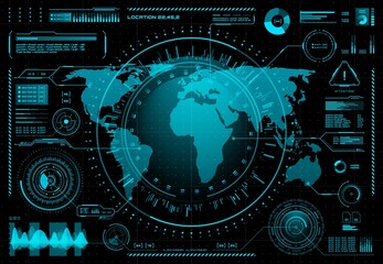 Fototapete - HUD ui futuristic user interface. Vector world map and business data charts. Digital screen of head up display dashboard panel, blue holograms of circular diagram, statistic graphs, warning signs