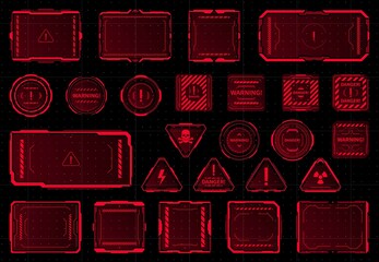Leinwandbilder - HUD danger, warning and alert attention red vector frames or signs. Sci Fi game interface hologram screens with hazard warning and caution messages, skulls, exclamation, radiation, high voltage sign