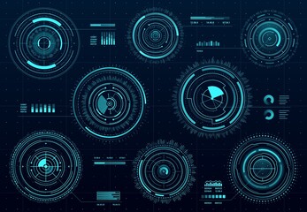 Leinwandbilder - Circle futuristic HUD digital interface data screen dashboard. Vector sci-fi crosshair aims control, target round frames. Military optical aiming, neon glowing gui elements, radars sights or sonars